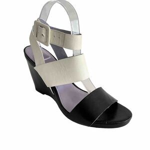 Johnston & Murphy Sandals Women 10M Black White Leather Ankle Strap Wedge Heel